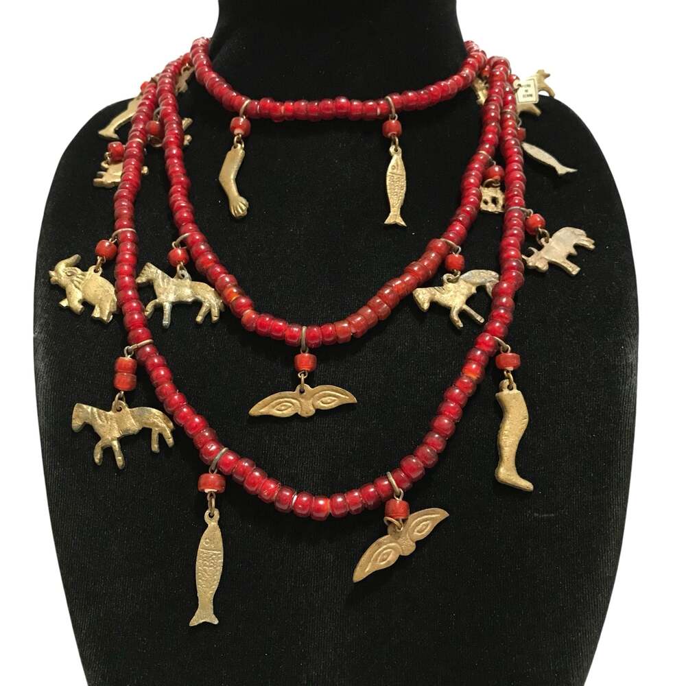 Vintage Chachal Red Glass Bead Necklace Brass Animal Charms 56” Strand India